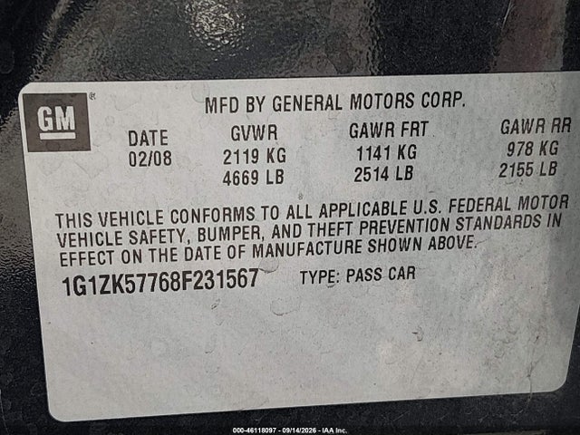 Aukcja sprzedaży 2008 Chevrolet Malibu Ltz, vin: 1G1ZK57768F231567, numer aukcji: 46118097