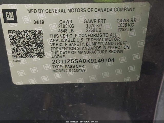 46118098 :رقم المزاد ، 2G11Z5SA0K9149104 vin ، 2019 Chevrolet Impala Lt مزاد بيع