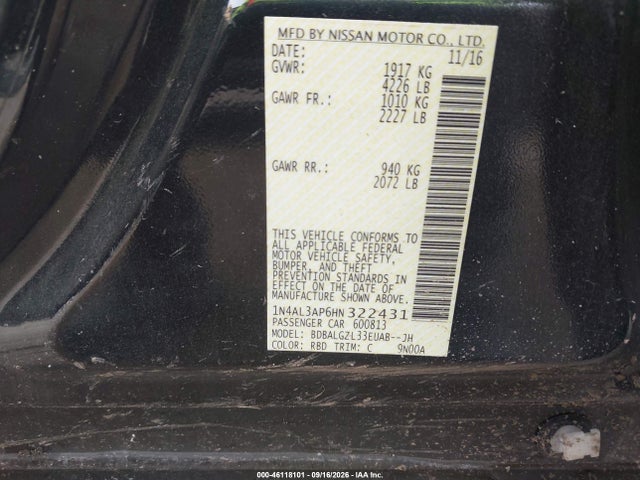 Aukcja sprzedaży 2017 Nissan Altima 2.5 S, vin: 1N4AL3AP6HN322431, numer aukcji: 46118101