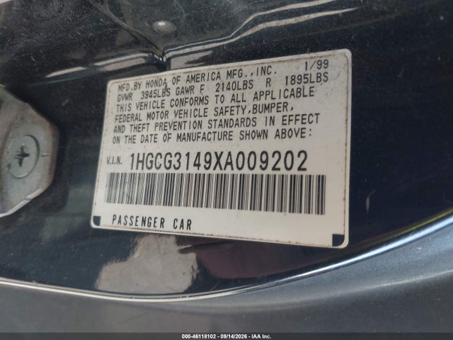 Продаж на аукціоні авто 1999 Honda Accord Lx, vin: 1HGCG3149XA009202, номер лоту: 46118102