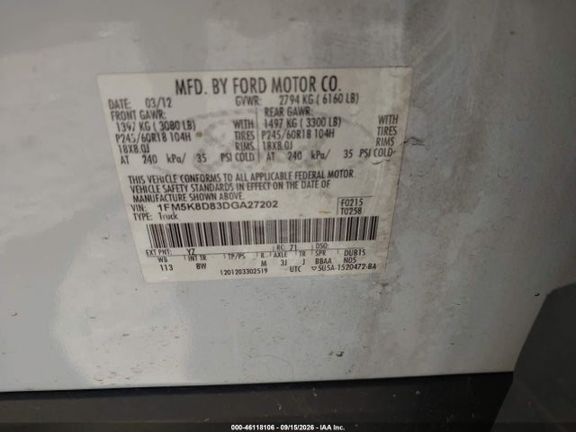 Aukcja sprzedaży 2013 Ford Explorer Xlt, vin: 1FM5K8D83DGA27202, numer aukcji: 46118106