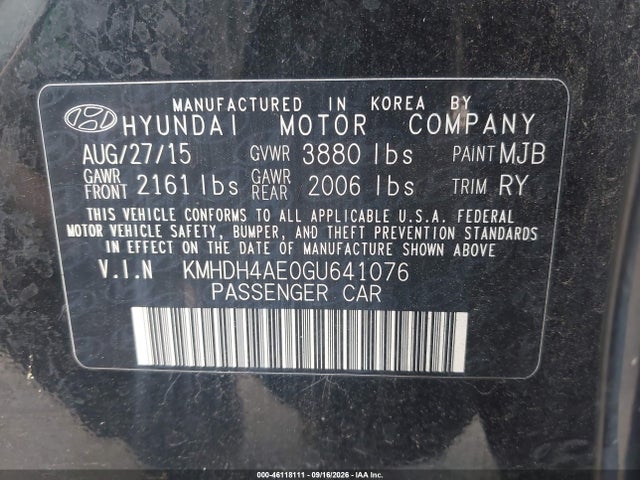 Aukcja sprzedaży 2016 Hyundai Elantra Value Edition, vin: KMHDH4AE0GU641076, numer aukcji: 46118111