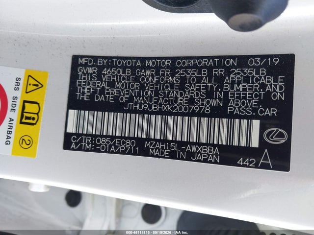 Aukcja sprzedaży 2019 Lexus Ux 250h, vin: JTHU9JBHXK2007978, numer aukcji: 46118115