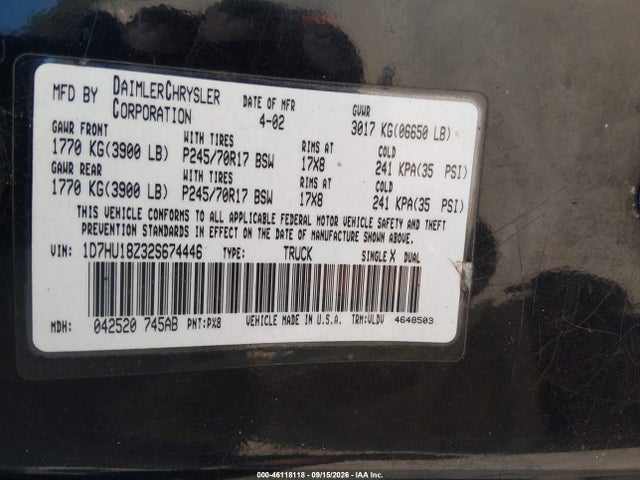 Продажа на аукционе авто 2002 Dodge Ram 1500 St, vin: 1D7HU18Z32S674446, номер лота: 46118118
