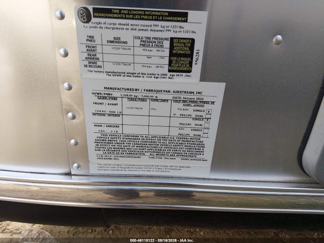 2021 Airstream Other მანქანა იყიდება აუქციონზე, vin: 1STCMAA16MJ556281, აუქციონის ნომერი: 46118122