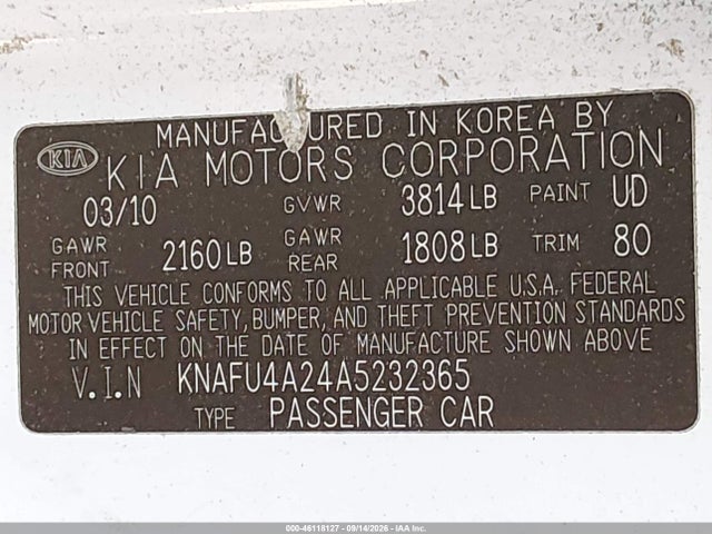 Aukcja sprzedaży 2010 Kia Forte Ex, vin: KNAFU4A24A5232365, numer aukcji: 46118127