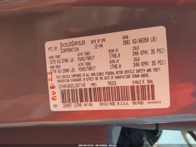 2005 Dodge Ram 1500 St მანქანა იყიდება აუქციონზე, vin: 1D7HA16K65J567142, აუქციონის ნომერი: 46118132