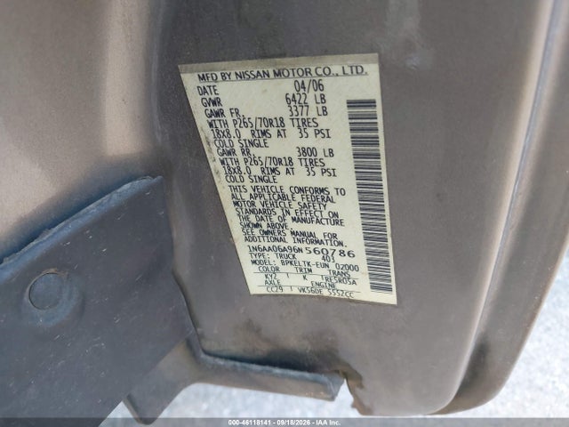2006 Nissan Titan Se მანქანა იყიდება აუქციონზე, vin: 1N6AA06A96N560786, აუქციონის ნომერი: 46118141