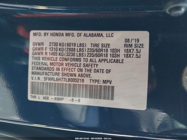 Продаж на аукціоні авто 2020 Honda Odyssey Ex-l/ex-l W/navi   Res, vin: 5FNRL6H77LB005219, номер лоту: 46118142