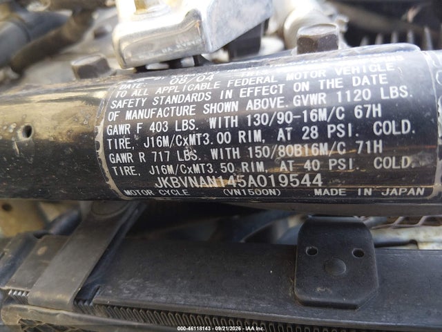 2005 Kawasaki Vn1500 N1 მანქანა იყიდება აუქციონზე, vin: JKBVNAN145A019544, აუქციონის ნომერი: 46118143