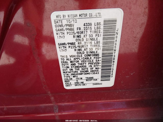 2013 Nissan Rogue Sv მანქანა იყიდება აუქციონზე, vin: JN8AS5MT3DW013543, აუქციონის ნომერი: 46118153