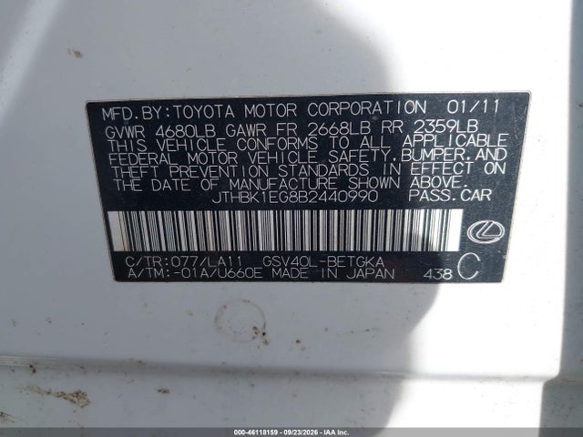 Продаж на аукціоні авто 2011 Lexus Es 350, vin: JTHBK1EG8B2440990, номер лоту: 46118159