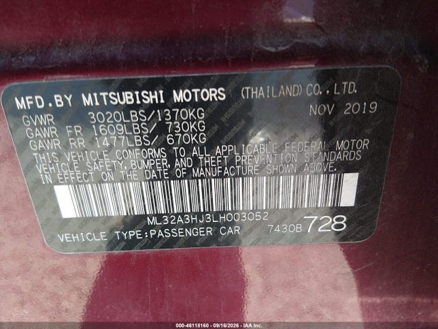 Продаж на аукціоні авто 2020 Mitsubishi Mirage Es, vin: ML32A3HJ3LH003052, номер лоту: 46118160
