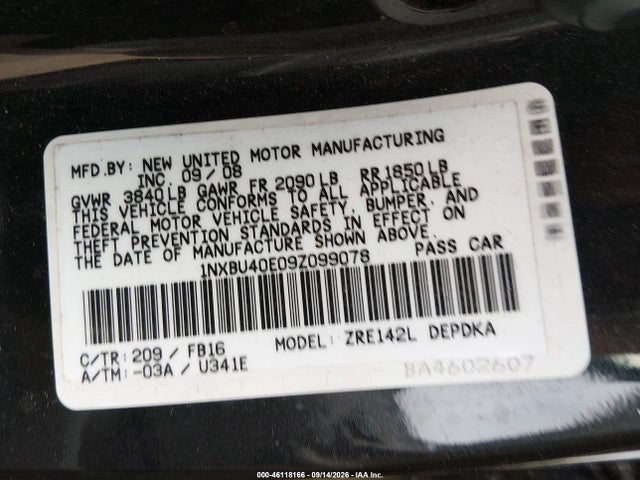 Aukcja sprzedaży 2009 Toyota Corolla Le, vin: 1NXBU40E09Z099078, numer aukcji: 46118166