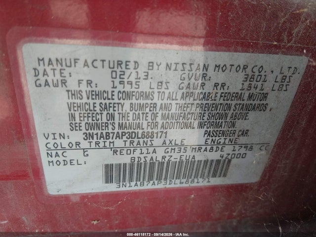 46118172 :رقم المزاد ، 3N1AB7AP3DL688171 vin ، 2013 Nissan Sentra Sr مزاد بيع