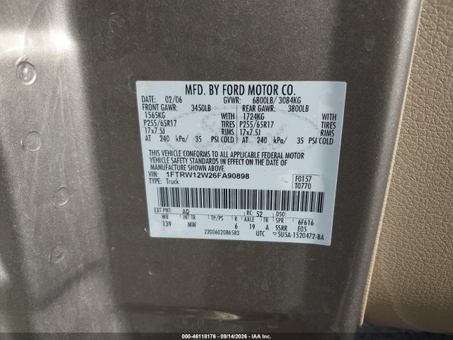 46118176 :رقم المزاد ، 1FTRW12W26FA90898 vin ، 2006 Ford F-150 Xlt مزاد بيع