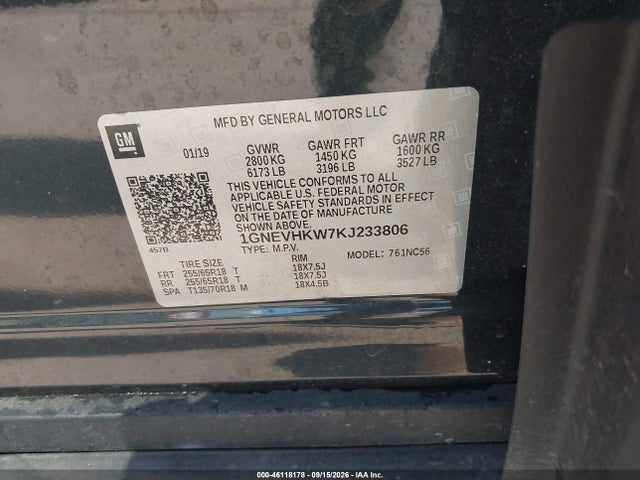 46118178 :رقم المزاد ، 1GNEVHKW7KJ233806 vin ، 2019 Chevrolet Traverse 3lt مزاد بيع
