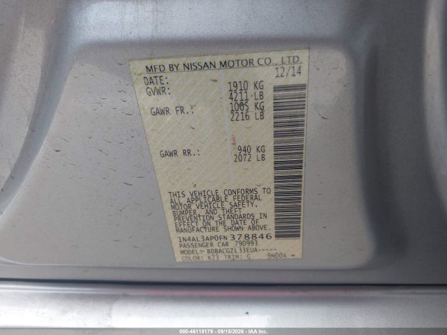Продажа на аукционе авто 2015 Nissan Altima 2.5/2.5 S/2.5 Sl/2.5 Sv, vin: 1N4AL3AP0FN378846, номер лота: 46118179