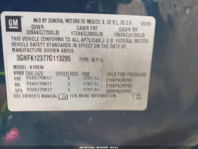 46118184 :رقم المزاد ، 3GNFK12377G113295 vin ، 2007 Chevrolet Avalanche 1500 Lt مزاد بيع