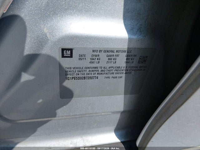 46118185 :رقم المزاد ، 1G1PE5S92B7280774 vin ، 2011 Chevrolet Cruze Lt مزاد بيع