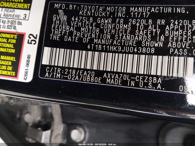2018 Toyota Camry Se მანქანა იყიდება აუქციონზე, vin: 4T1B11HK9JU043808, აუქციონის ნომერი: 46118195