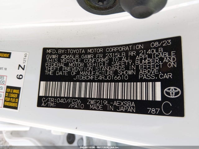 46118196 :رقم المزاد ، JTDBCMFE4RJ016610 vin ، 2024 Toyota Corolla Hybrid Se مزاد بيع