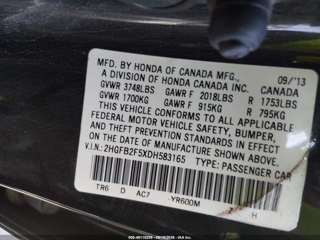 Продаж на аукціоні авто 2013 Honda Civic Lx, vin: 2HGFB2F5XDH583165, номер лоту: 46118209