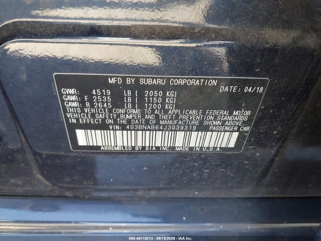 Auction sale of the 2018 Subaru Legacy 2.5i, vin: 4S3BNAB64J3039319, lot number: 46118213
