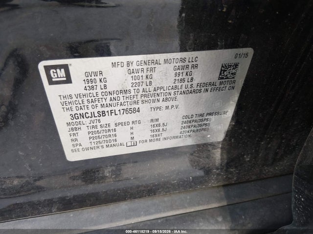 Aukcja sprzedaży 2015 Chevrolet Trax Lt, vin: 3GNCJLSB1FL176584, numer aukcji: 46118219