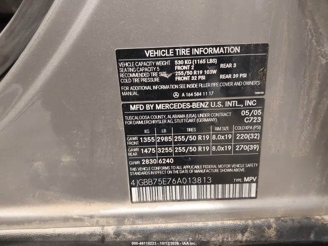 46118223 :رقم المزاد ، 4JGBB75E76A013813 vin ، 2006 Mercedes-benz Ml 500 4matic مزاد بيع