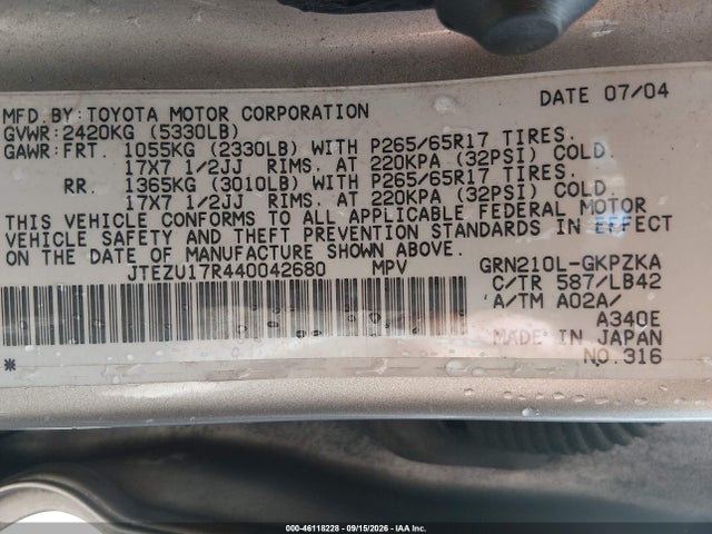 2004 Toyota 4runner Limited V6 მანქანა იყიდება აუქციონზე, vin: JTEZU17R440042680, აუქციონის ნომერი: 46118228