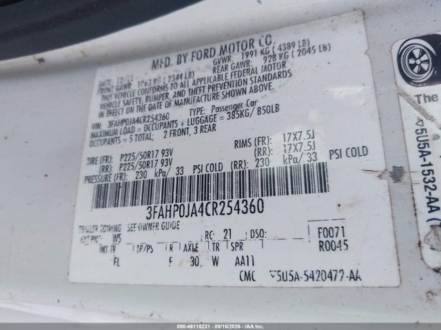 Продажа на аукционе авто 2012 Ford Fusion Sel, vin: 3FAHP0JA4CR254360, номер лота: 46118231