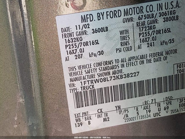 46118240 :رقم المزاد ، 1FTRW08L73KB38227 vin ، 2003 Ford F-150 Lariat/xlt مزاد بيع