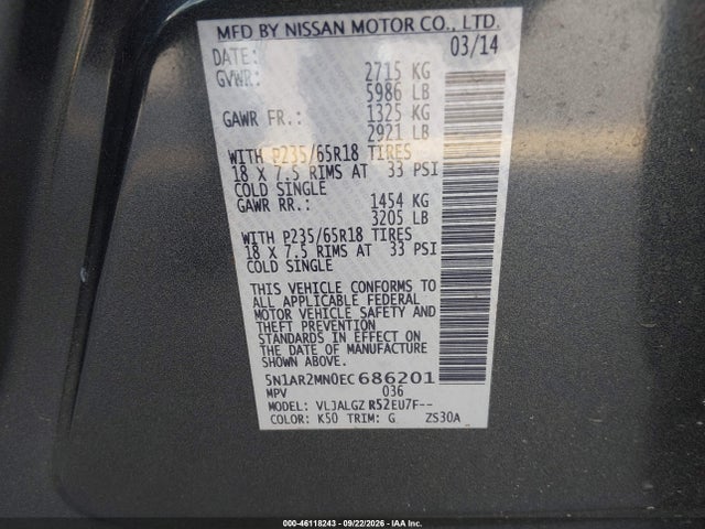 46118243 :رقم المزاد ، 5N1AR2MN0EC686201 vin ، 2014 Nissan Pathfinder Sl مزاد بيع