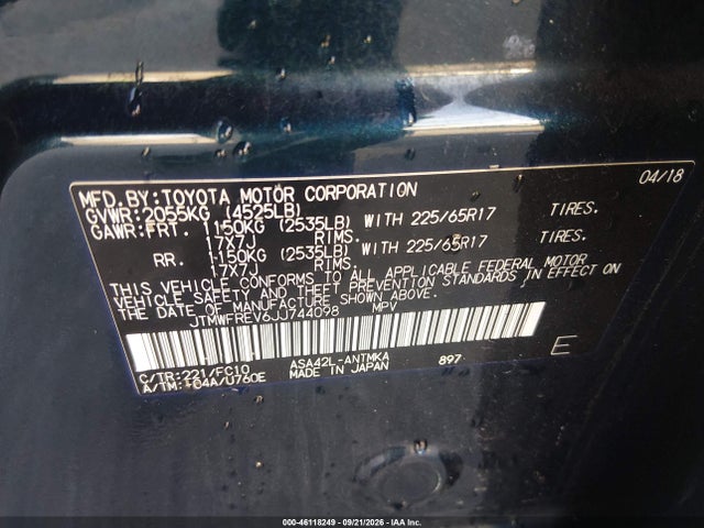2018 Toyota Rav4 Xle მანქანა იყიდება აუქციონზე, vin: JTMWFREV6JJ744098, აუქციონის ნომერი: 46118249