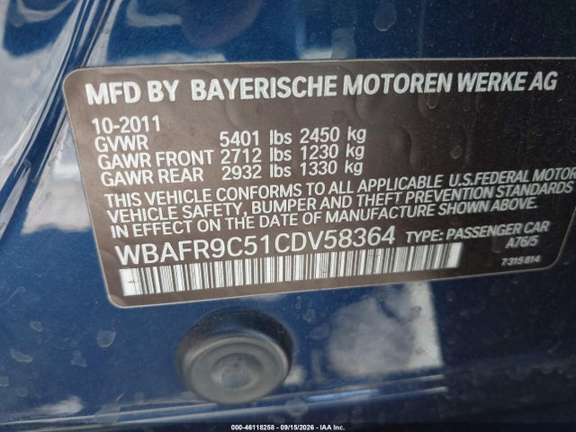 Aukcja sprzedaży 2012 Bmw 550i, vin: WBAFR9C51CDV58364, numer aukcji: 46118258