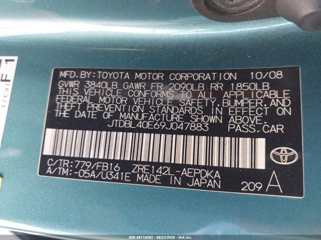 2009 Toyota Corolla მანქანა იყიდება აუქციონზე, vin: JTDBL40E69J047883, აუქციონის ნომერი: 46118262
