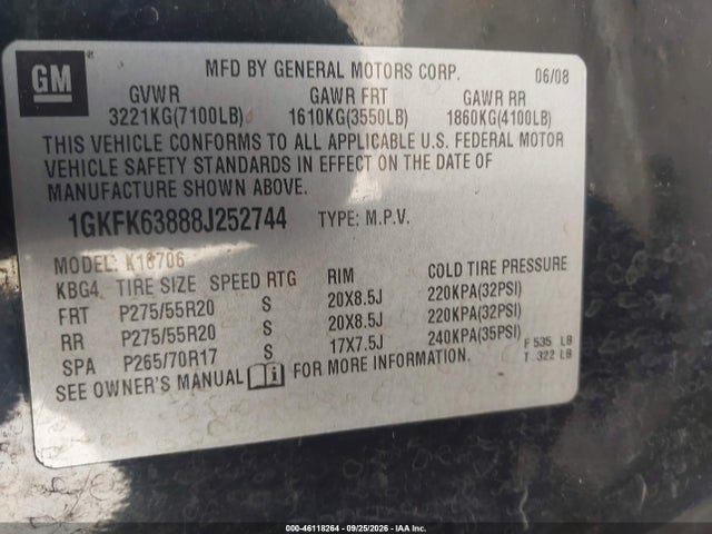 Aukcja sprzedaży 2008 Gmc Yukon Denali, vin: 1GKFK63888J252744, numer aukcji: 46118264
