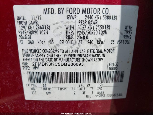 Продажа на аукционе авто 2013 Ford Edge Limited, vin: 2FMDK3KC5DBB36693, номер лота: 46118267