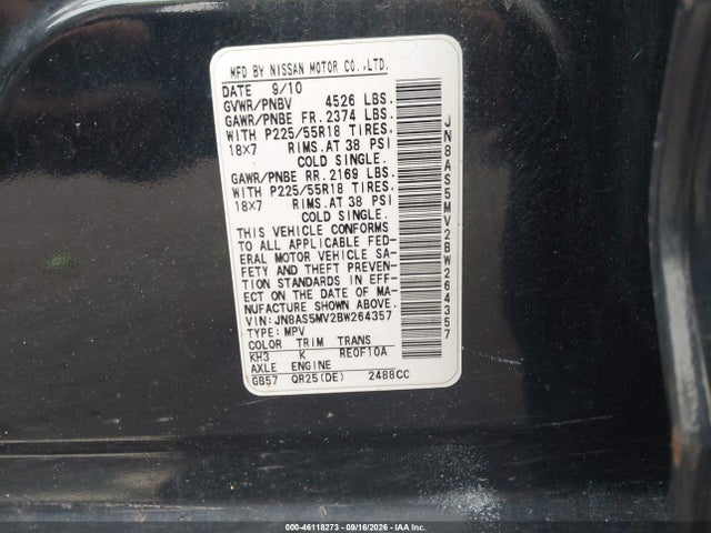 46118273 :رقم المزاد ، JN8AS5MV2BW264357 vin ، 2011 Nissan Rogue Sv مزاد بيع