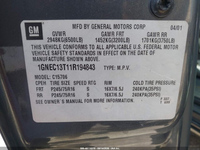 Aukcja sprzedaży 2001 Chevrolet Tahoe Ls, vin: 1GNEC13T11R194843, numer aukcji: 46118275