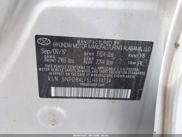 46118281 :رقم المزاد ، 5NPD84LF5LH534734 vin ، 2020 Hyundai Elantra Sel مزاد بيع