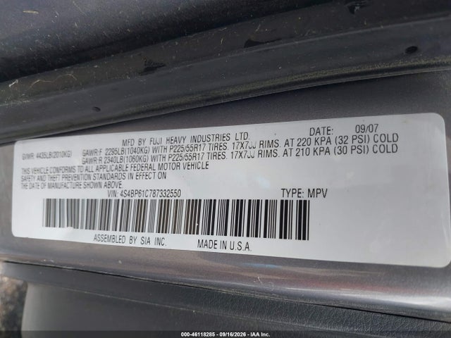 46118285 :رقم المزاد ، 4S4BP61C787332550 vin ، 2008 Subaru Outback 2.5i/2.5i L.l. Bean Edition مزاد بيع