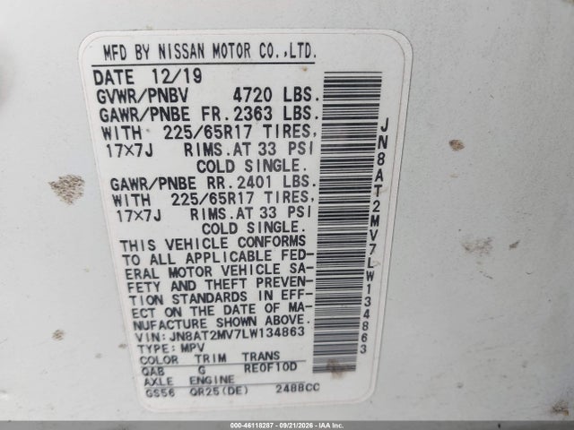 46118287 :رقم المزاد ، JN8AT2MV7LW134863 vin ، 2020 Nissan Rogue Sv Intelligent Awd مزاد بيع