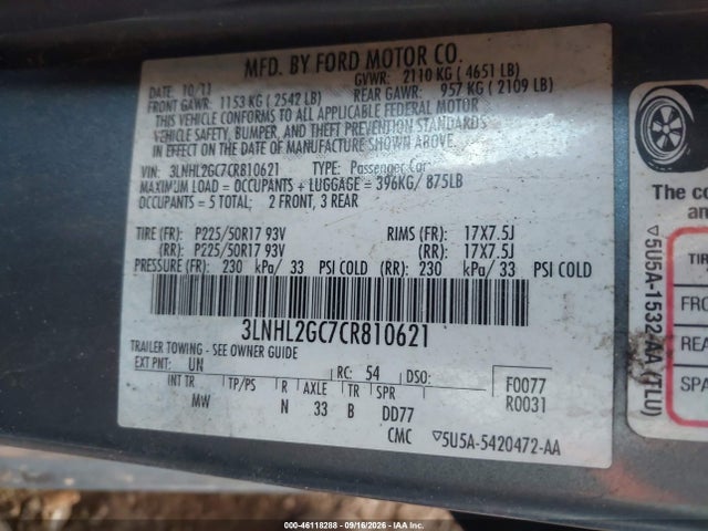 46118288 :رقم المزاد ، 3LNHL2GC7CR810621 vin ، 2012 Lincoln Mkz مزاد بيع
