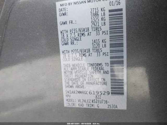 46118301 :رقم المزاد ، 5N1AR2MM4GC619529 vin ، 2016 Nissan Pathfinder Sv مزاد بيع