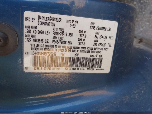 46118313 :رقم المزاد ، 1D4HR48N83F628232 vin ، 2003 Dodge Durango Slt مزاد بيع