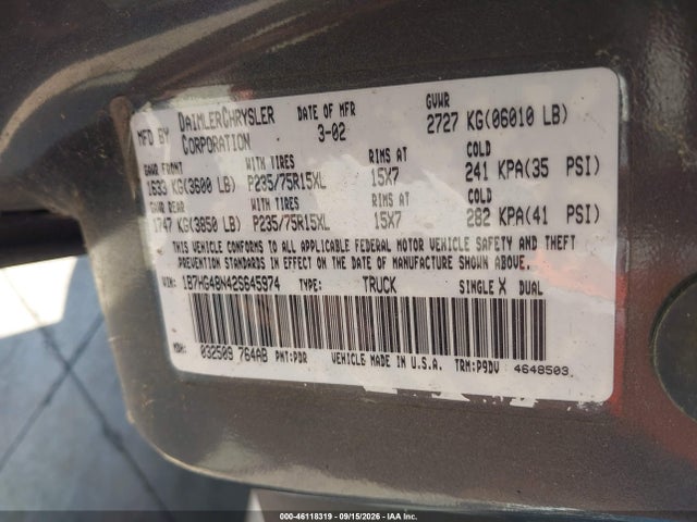 Продаж на аукціоні авто 2002 Dodge Dakota Quad Slt, vin: 1B7HG48N42s645974, номер лоту: 46118319
