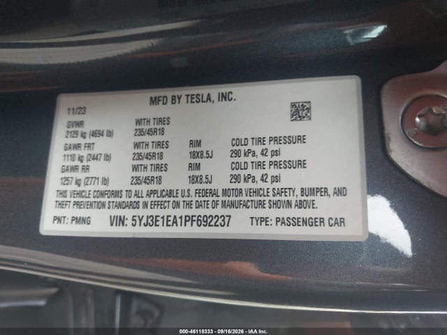 Продаж на аукціоні авто 2023 Tesla Model 3 Rear-wheel Drive, vin: 5YJ3E1EA1PF692237, номер лоту: 46118333
