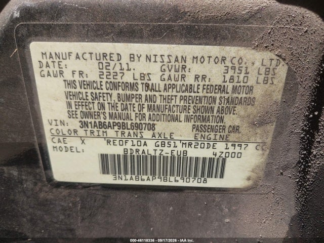 46118336 :رقم المزاد ، 3N1AB6AP9BL690708 vin ، 2011 Nissan Sentra 2.0s مزاد بيع